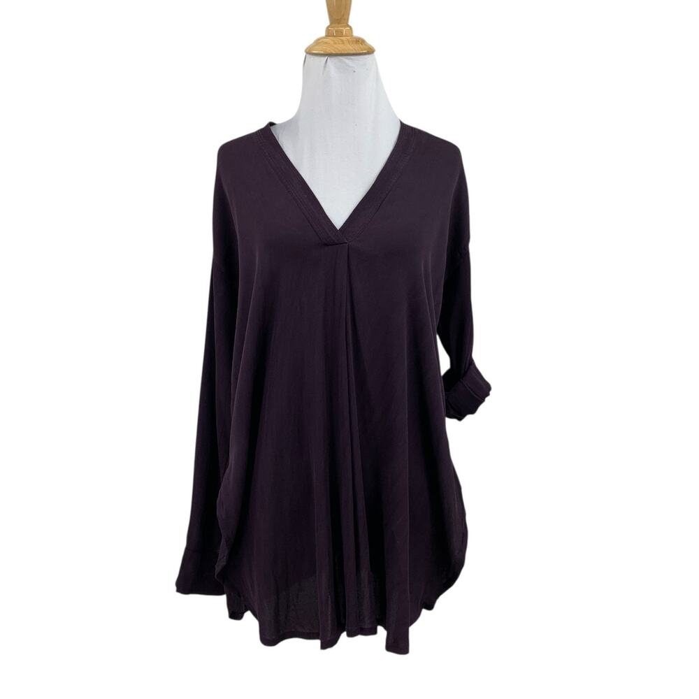 Vince Top Womens XS Extra Small Dark Purple Tab Sleeve Mid Pleated Silk Blend